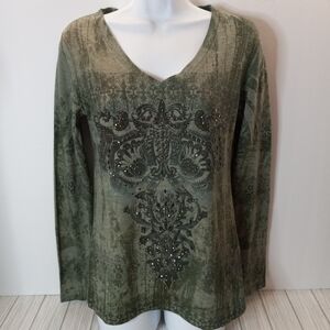 Green Source Y2K Rhinestone Long Sleeve Top